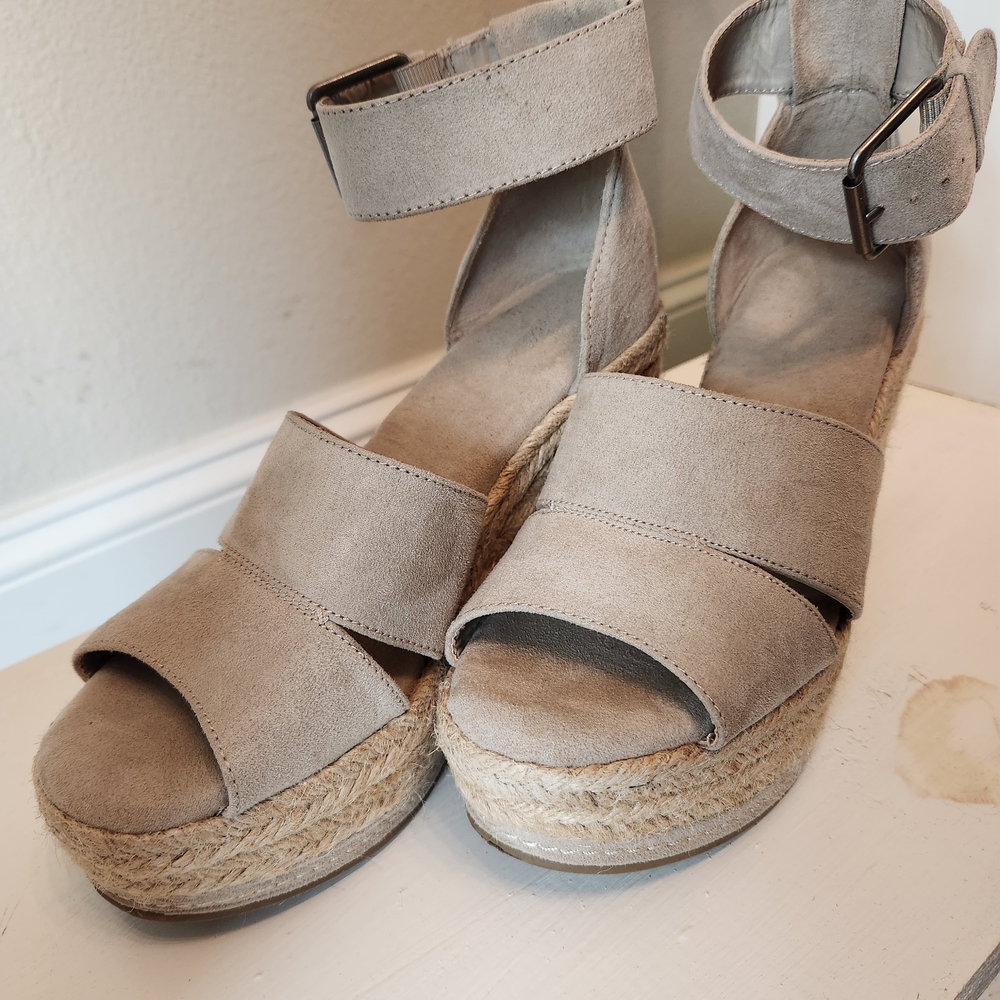 Source Unknown Taupe Suede Ankle-Strap Espadrille Wedges